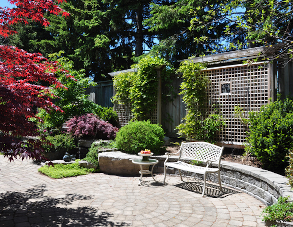 a decorative garden with plants and fencing 